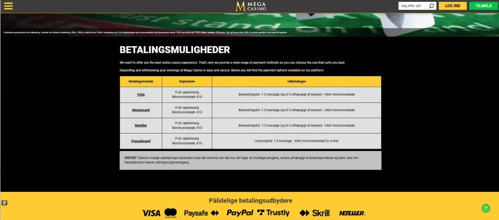 MegaCasino betalingsmuligheder på den danske side