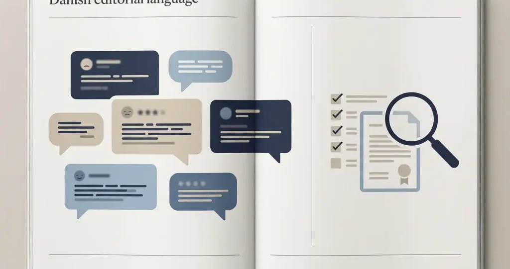 Neutral illustration af forskellen mellem verificerede fakta og brugeranmeldelser