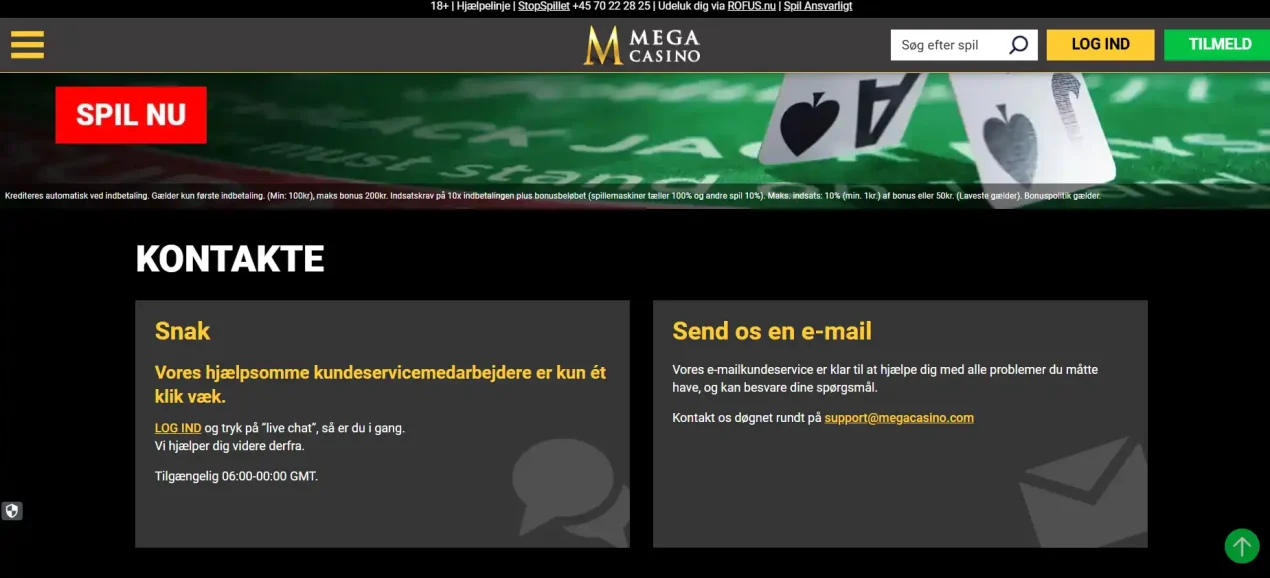 MegaCasino kontaktside med live chat og e-mail