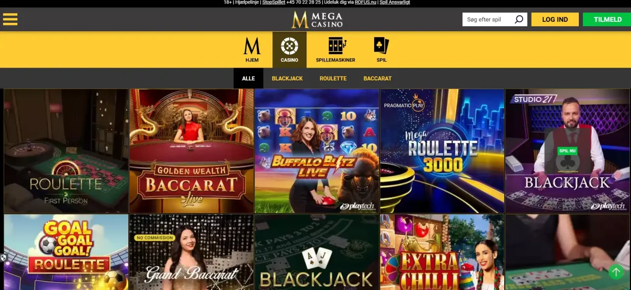 MegaCasino live casino lobby med dealer-borde