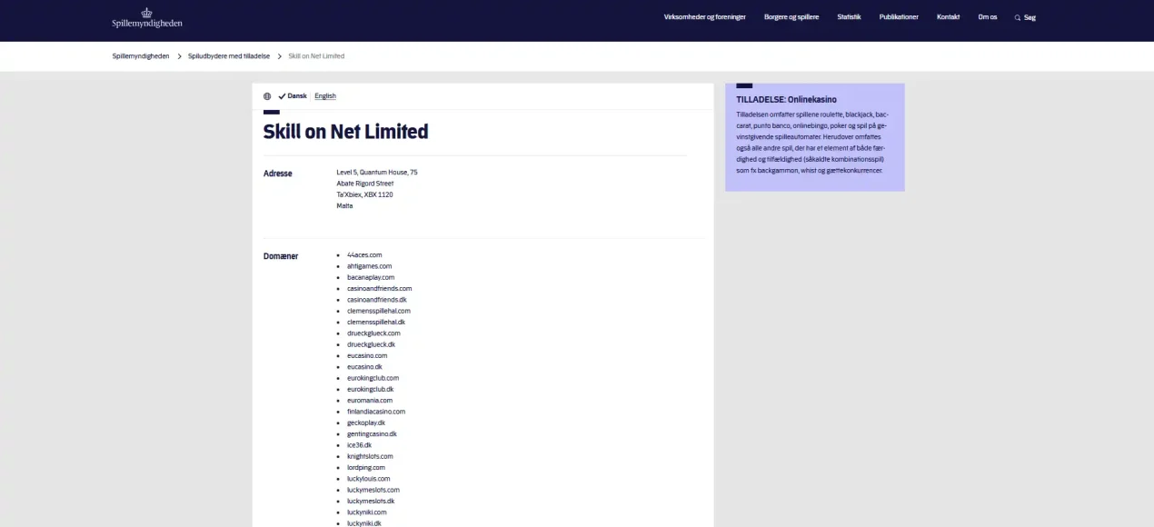 Spillemyndighedens registerside for Skill on Net Limited og megacasino.dk