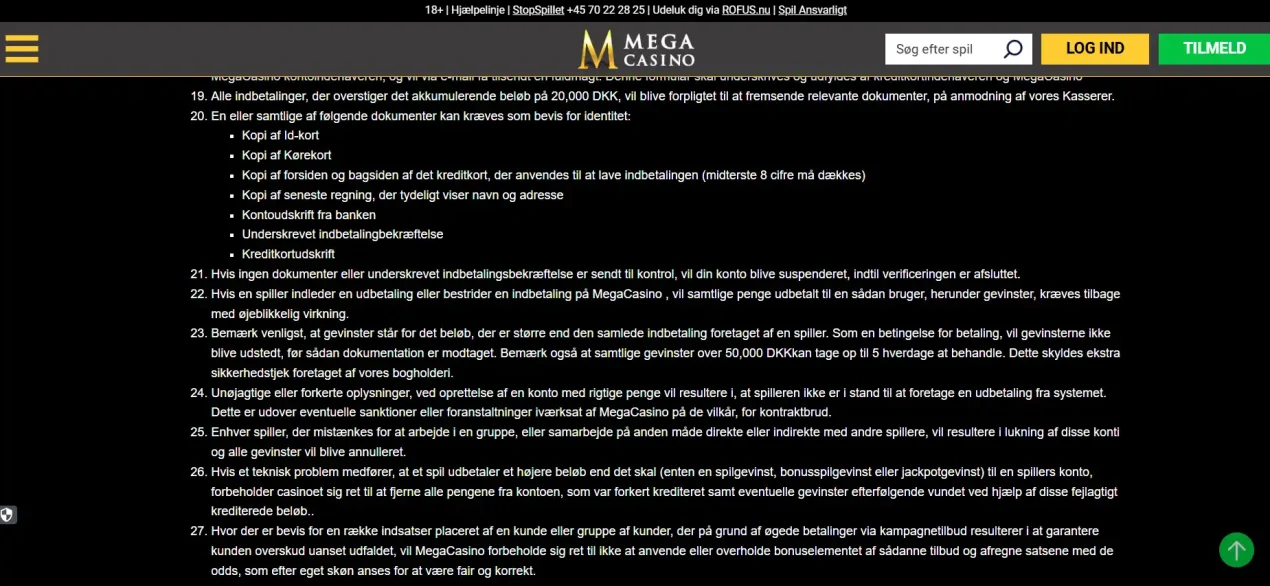MegaCasino konto-område til KYC og dokumentverifikation