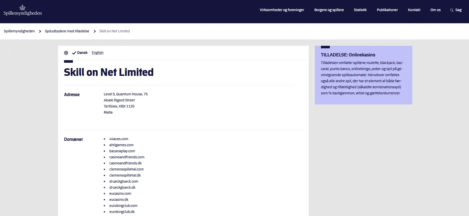 Spillemyndighedens side med Skill On Net Limited og megacasino.dk